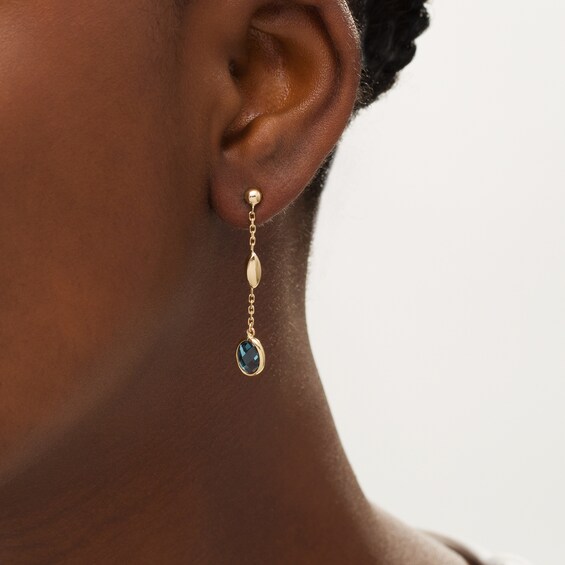 Checkerboard Oval London Blue Topaz and Rice Bead Station Drop Earrings in 14K Gold