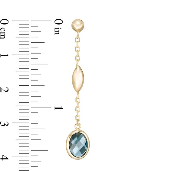 Checkerboard Oval London Blue Topaz and Rice Bead Station Drop Earrings in 14K Gold