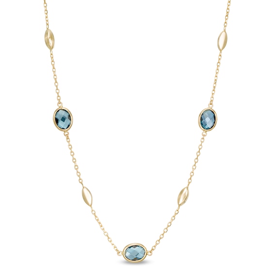 Oval checkerboard London Blue Topaz and Rice Bead Alternating Station Necklace in 14K Gold - 17"