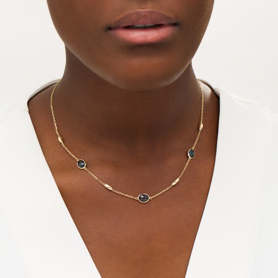 Oval checkerboard London Blue Topaz and Rice Bead Alternating Station Necklace in 14K Gold - 17"