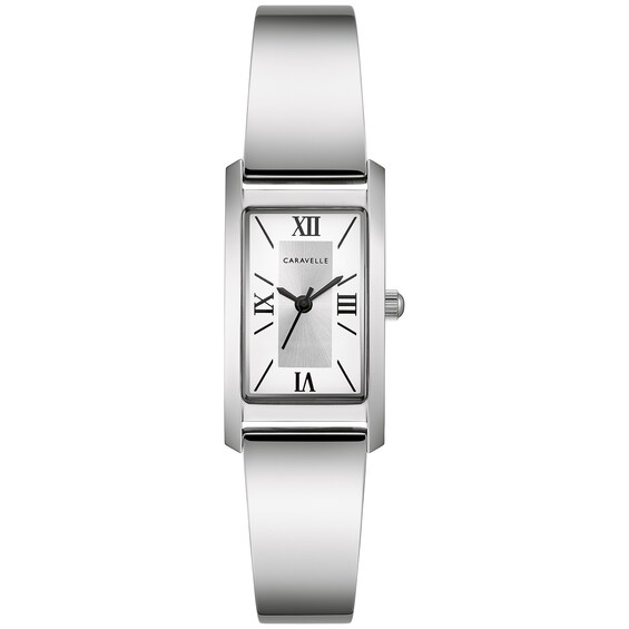 Ladies' Caravelle by Bulova Bangle Watch with Rectangular Silver-Tone and White Dial (Model: 43L221) Ladies' Caravelle by Bulova Bangle Watch with Rectangular Silver-Tone and White Dial (Model: 43L221)