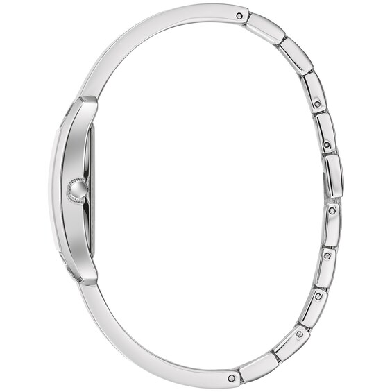 Ladies' Caravelle by Bulova Bangle Watch with Rectangular Silver-Tone and White Dial (Model: 43L221) Ladies' Caravelle by Bulova Bangle Watch with Rectangular Silver-Tone and White Dial (Model: 43L221)