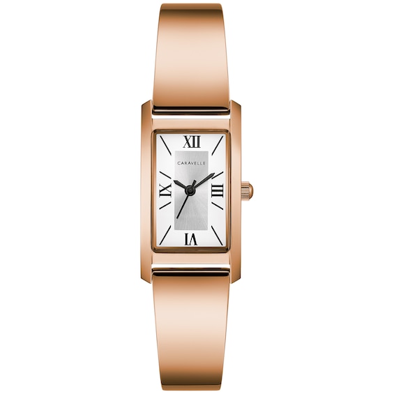 Ladies' Caravelle by Bulova Rose-Tone Bangle Watch with Rectangular Silver-Tone and White Dial (Model: 44L264) Ladies' Caravelle by Bulova Rose-Tone Bangle Watch with Rectangular Silver-Tone and White Dial (Model: 44L264)