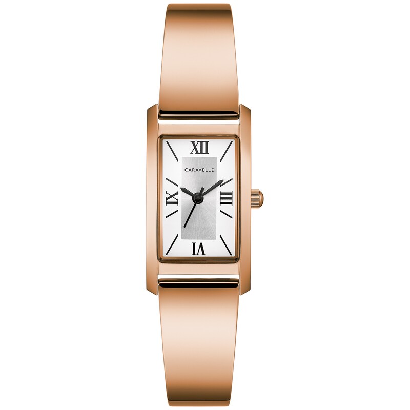 Main Image 1 of Ladies' Caravelle by Bulova Rose-Tone Bangle Watch with Rectangular Silver-Tone and White Dial (Model: 44L264)