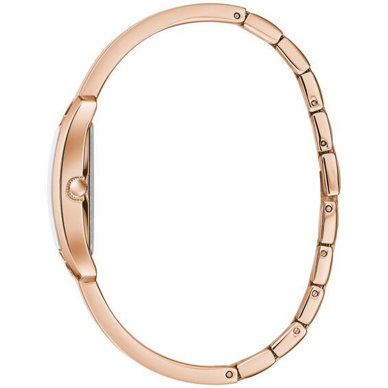 Ladies' Caravelle by Bulova Rose-Tone Bangle Watch with Rectangular Silver-Tone and White Dial (Model: 44L264) Ladies' Caravelle by Bulova Rose-Tone Bangle Watch with Rectangular Silver-Tone and White Dial (Model: 44L264)