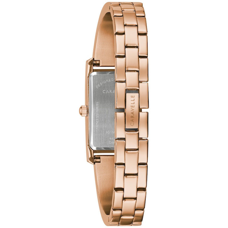 Main Image 3 of Ladies' Caravelle by Bulova Rose-Tone Bangle Watch with Rectangular Silver-Tone and White Dial (Model: 44L264)