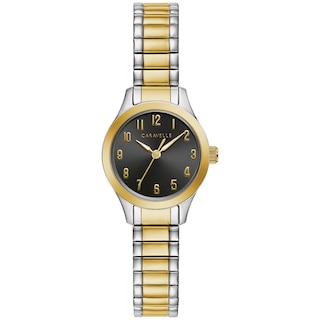 Ladies' Caravelle by Bulova Two-Tone Stainless Steel Watch with Black Dial and Expansion Bracelet (Model: 45L185)