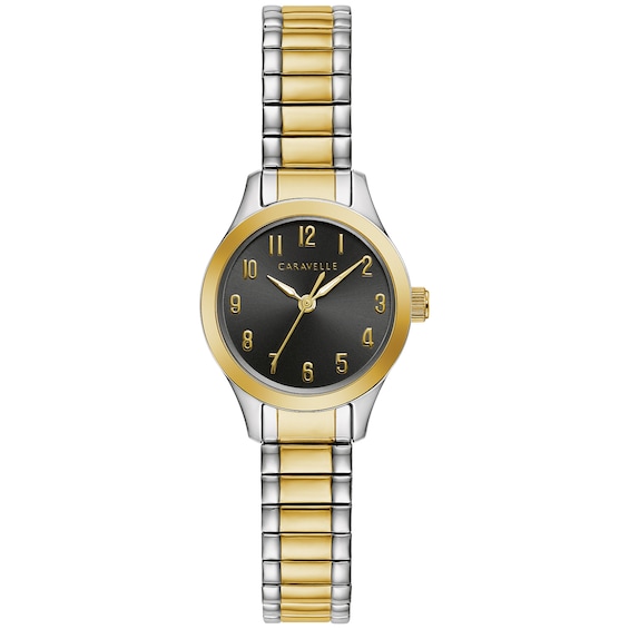 Ladies' Caravelle by Bulova Two-Tone Expansion Watch with Black Dial (Model: 45L185)