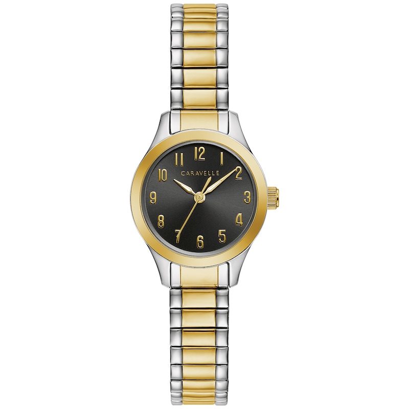 Ladies' Caravelle by Bulova Two-Tone Expansion Watch with Black Dial (Model: 45L185)