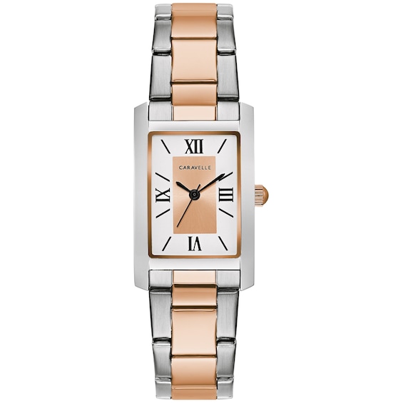 Ladies' Caravelle by Bulova Two-Tone Watch with Rectangular Rose-Tone and White Dial (Model: 45L187) Ladies' Caravelle by Bulova Two-Tone Watch with Rectangular Rose-Tone and White Dial (Model: 45L187)