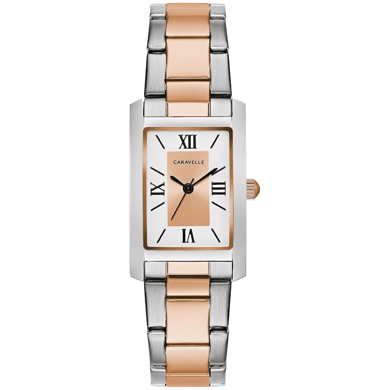 Ladies' Caravelle by Bulova Two-Tone Watch with Rectangular Rose-Tone and White Dial (Model: 45L187)