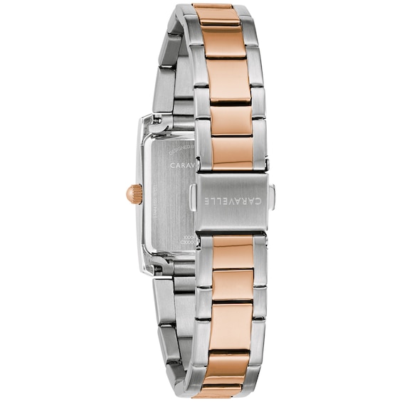 Ladies' Caravelle by Bulova Two-Tone Watch with Rectangular Rose-Tone and White Dial (Model: 45L187) Ladies' Caravelle by Bulova Two-Tone Watch with Rectangular Rose-Tone and White Dial (Model: 45L187)