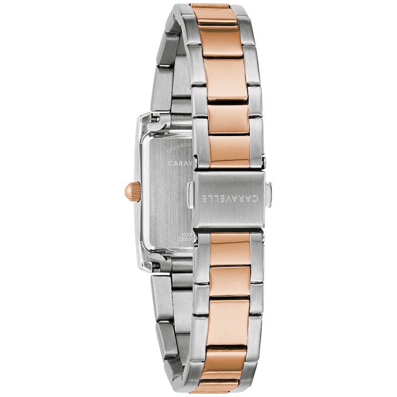 Ladies' Caravelle by Bulova Two-Tone Watch with Rectangular Rose-Tone and White Dial (Model: 45L187)