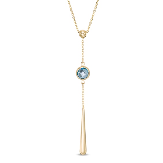 6.0mm Checkerboard London Blue Topaz and Bead Teardrop "Y" Necklace in 14K Gold - 17"
