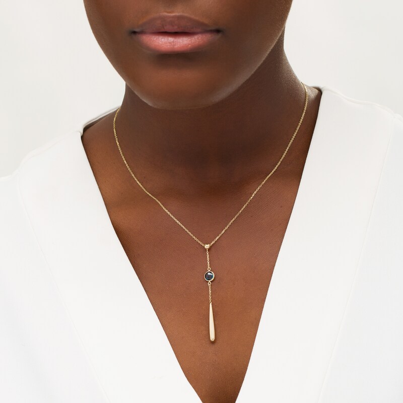 Main Image 2 of 6.0mm Checkerboard London Blue Topaz and Bead Teardrop "Y" Necklace in 14K Gold - 17"