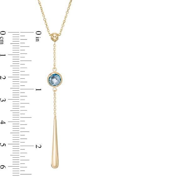 6.0mm Checkerboard London Blue Topaz and Bead Teardrop "Y" Necklace in 14K Gold - 17"