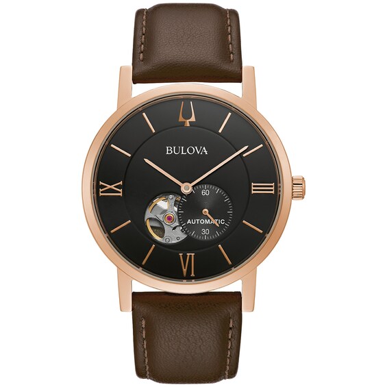 Men's Bulova American Clipper Rose-Tone Automatic Strap Watch with Black Skeleton Dial (Model: 97A155) Men's Bulova American Clipper Rose-Tone Automatic Strap Watch with Black Skeleton Dial (Model: 97A155)
