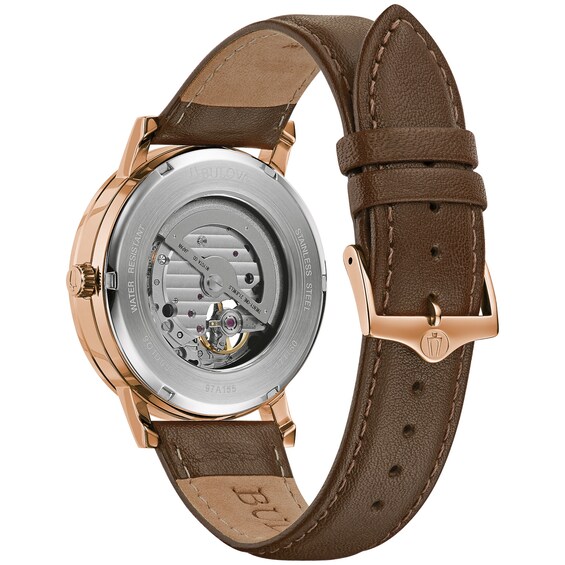 Men's Bulova American Clipper Rose-Tone Automatic Strap Watch with Black Skeleton Dial (Model: 97A155) Men's Bulova American Clipper Rose-Tone Automatic Strap Watch with Black Skeleton Dial (Model: 97A155)