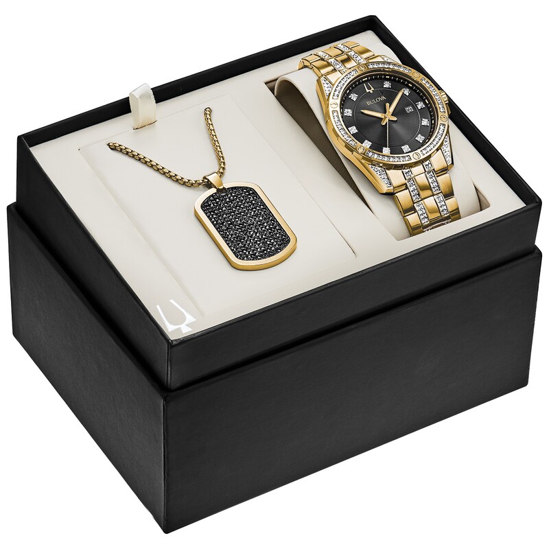 Main Image 1 of Men's Bulova Black and White Crystal Accent Gold-Tone Watch with Black Dial and Dog Tag Pendant Box Set (Model: 98K107)