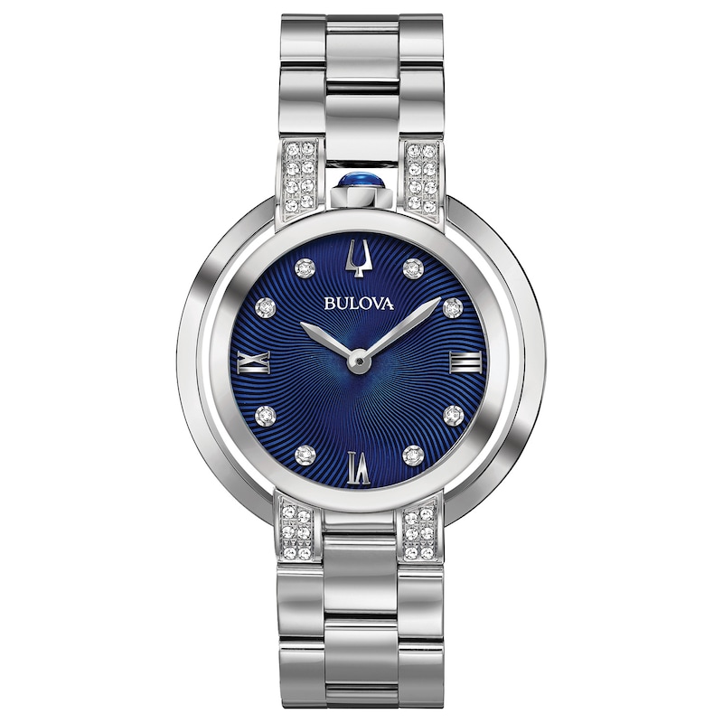 Main Image 1 of Ladies’ Bulova Rubaiyat 1/8 CT. T.W. Diamond Watch with Blue Dial (Model: 96R225)
