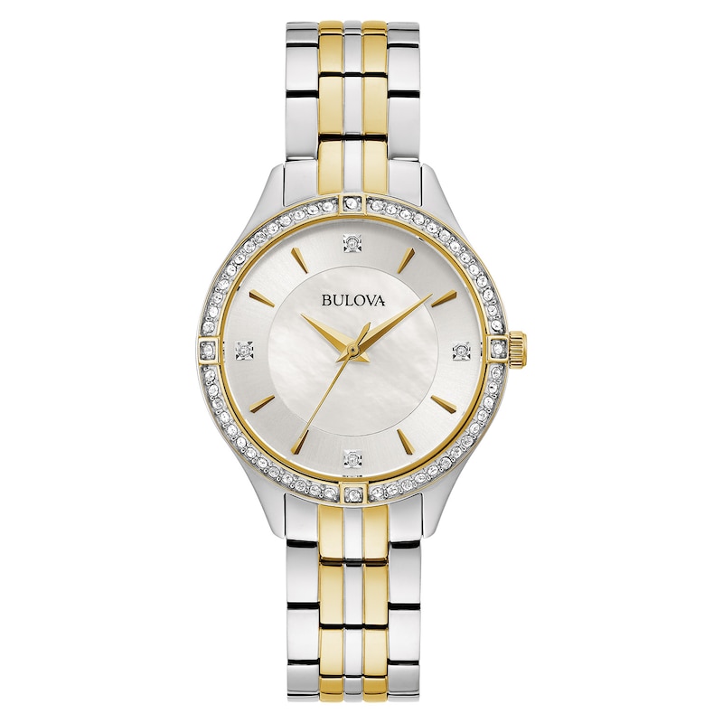 Ladies' Bulova Crystal Accent Two-Tone Watch with Mother-of-Pearl Dial (Model: 98L273)