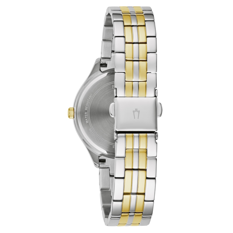 Ladies' Bulova Crystal Accent Two-Tone Watch with Mother-of-Pearl Dial (Model: 98L273)