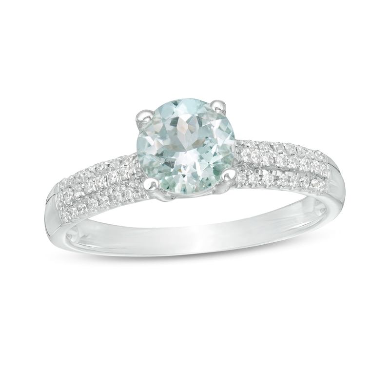 Main Image 1 of 6.0mm Aquamarine and 1/6 CT. T.W. Diamond Triple Row Ring in 10K White Gold
