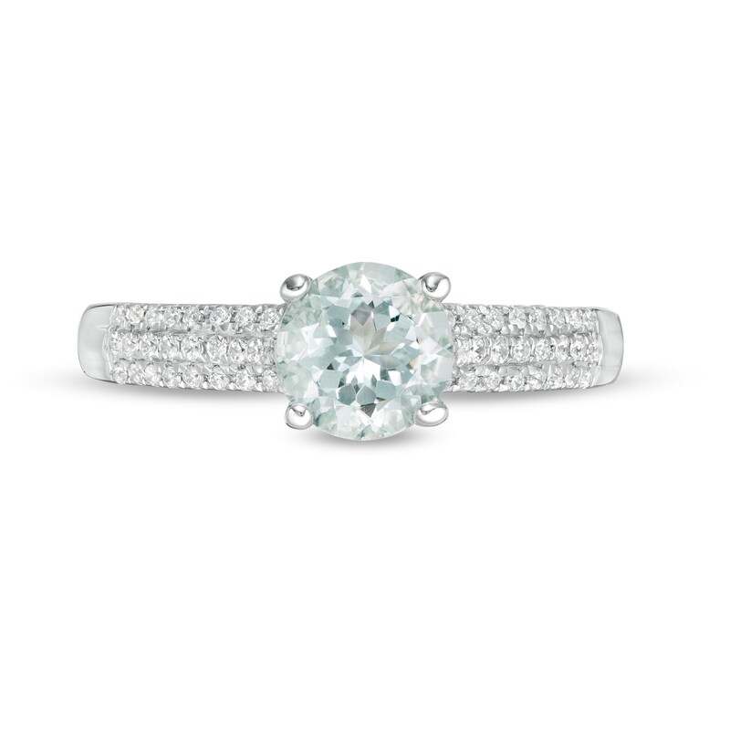 Main Image 3 of 6.0mm Aquamarine and 1/6 CT. T.W. Diamond Triple Row Ring in 10K White Gold