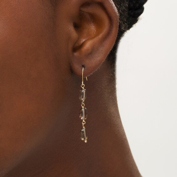 Oval Smoky Quartz Bead Triple Drop Earrings in 10K Gold