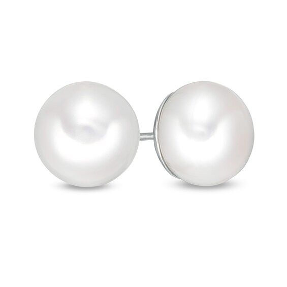 11.0-12.0mm Button Freshwater Cultured Pearl Stud Earrings in Sterling Silver