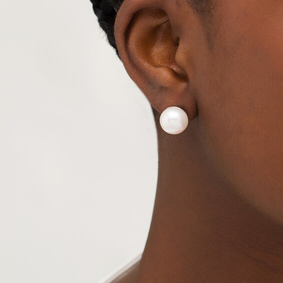 11.0-12.0mm Button Freshwater Cultured Pearl Stud Earrings in Sterling Silver