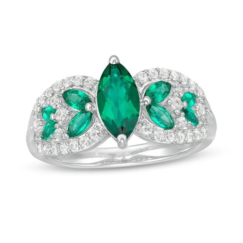Main Image 1 of Marquise Lab-Created Emerald and White Sapphire Leaf-Sides Loop Shank in Sterling Silver