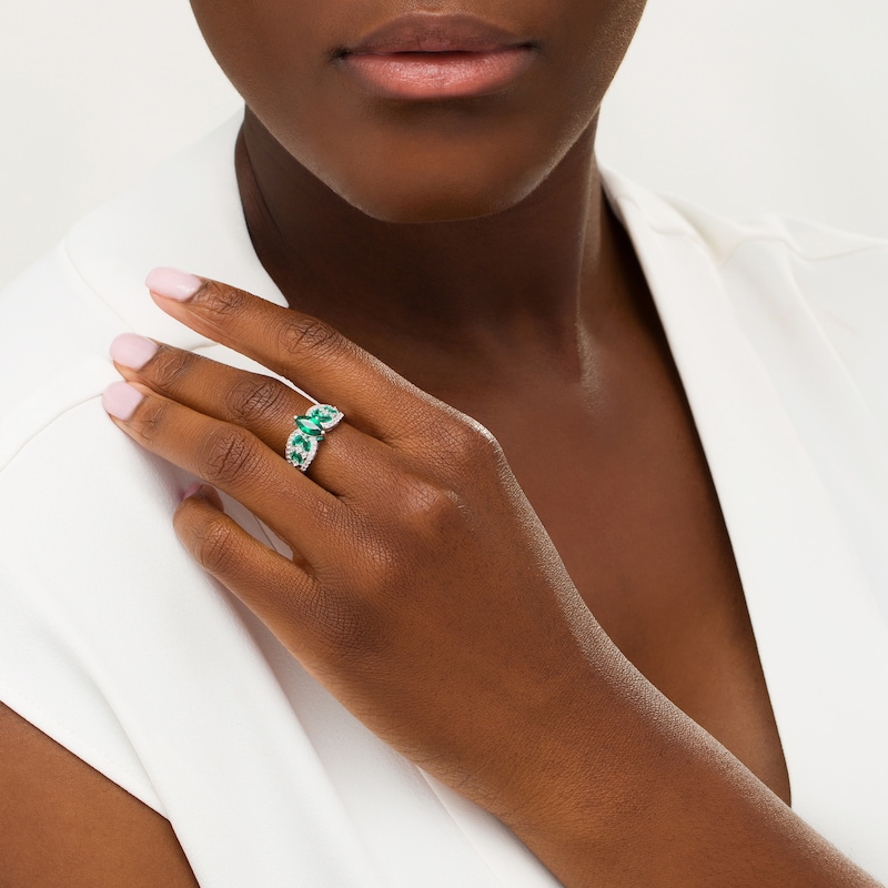Main Image 2 of Marquise Lab-Created Emerald and White Sapphire Leaf-Sides Loop Shank in Sterling Silver