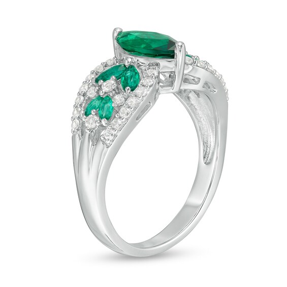 Marquise Lab-Created Emerald and White Sapphire Leaf-Sides Loop Shank in Sterling Silver