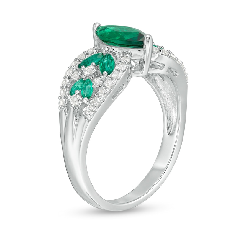 Main Image 3 of Marquise Lab-Created Emerald and White Sapphire Leaf-Sides Loop Shank in Sterling Silver