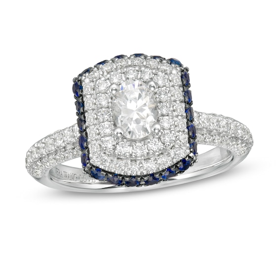 Vera Wang Love Collection 1 CT. T.w. Oval Diamond and Blue Sapphire Triple Frame Engagement Ring in 14K White Gold