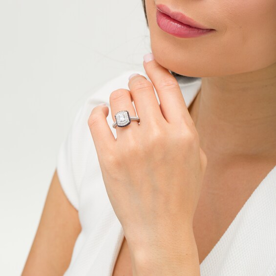 Vera Wang Love Collection 1 CT. T.w. Oval Diamond and Blue Sapphire Triple Frame Engagement Ring in 14K White Gold
