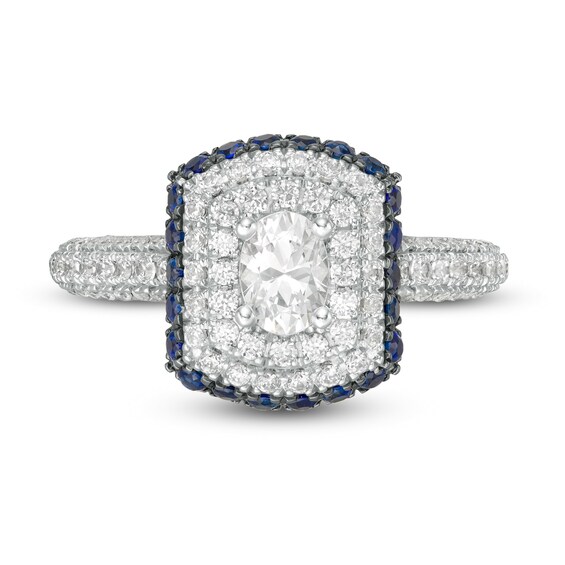 Vera Wang Love Collection 1 CT. T.w. Oval Diamond and Blue Sapphire Triple Frame Engagement Ring in 14K White Gold