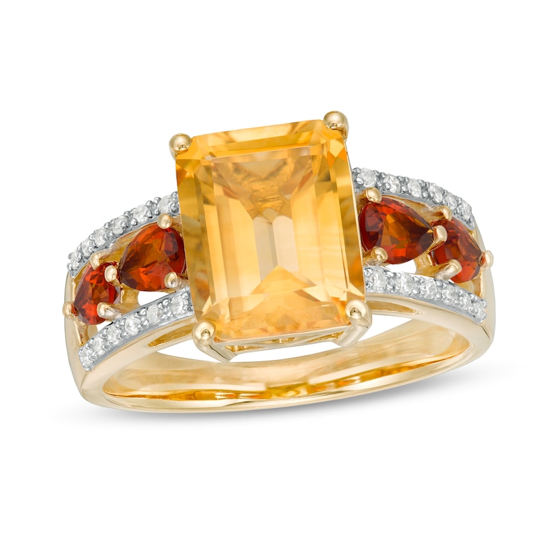 Main Image 1 of Emerald-Cut Citrine, Madeira Citrine and White Topaz Open Shank Ring in Sterling Silver with 14K Gold Plate