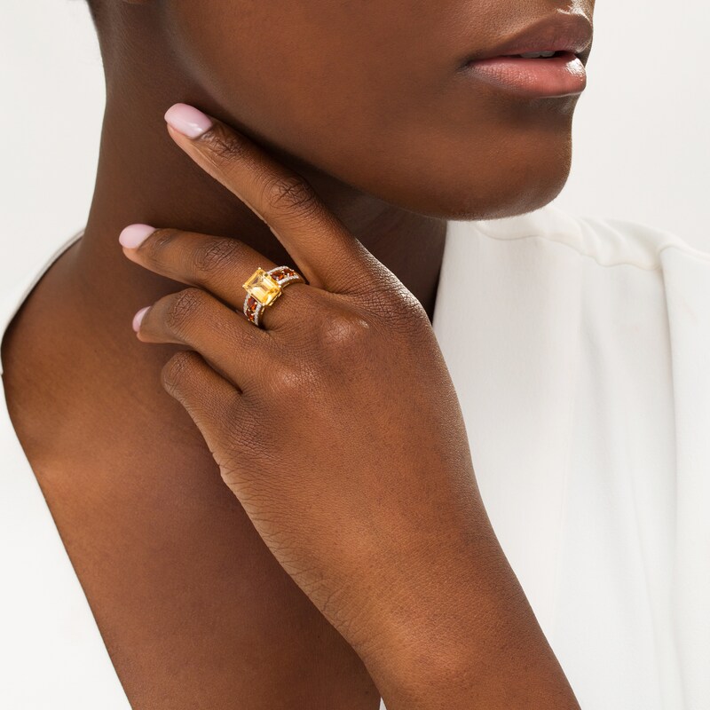 Main Image 2 of Emerald-Cut Citrine, Madeira Citrine and White Topaz Open Shank Ring in Sterling Silver with 14K Gold Plate