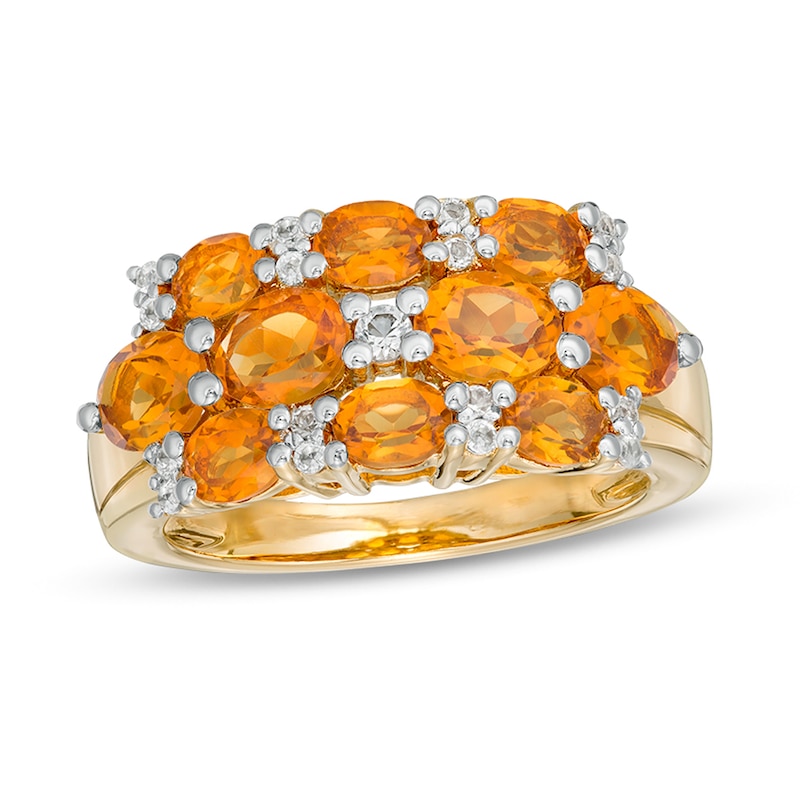 Main Image 1 of Sideways Oval Madeira Citrine and White Topaz Triple Row Ring in Sterling Silver with 14K Gold Plate