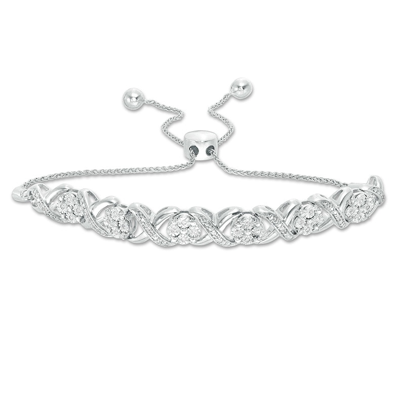Main Image 1 of 1/10 CT. T.W. Diamond Cascading Infinity with Flowers Bolo Bracelet in Sterling Silver - 9.5"
