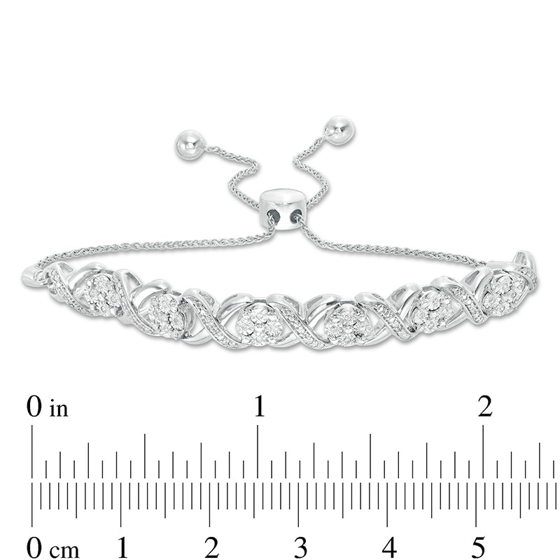 Main Image 3 of 1/10 CT. T.W. Diamond Cascading Infinity with Flowers Bolo Bracelet in Sterling Silver - 9.5"
