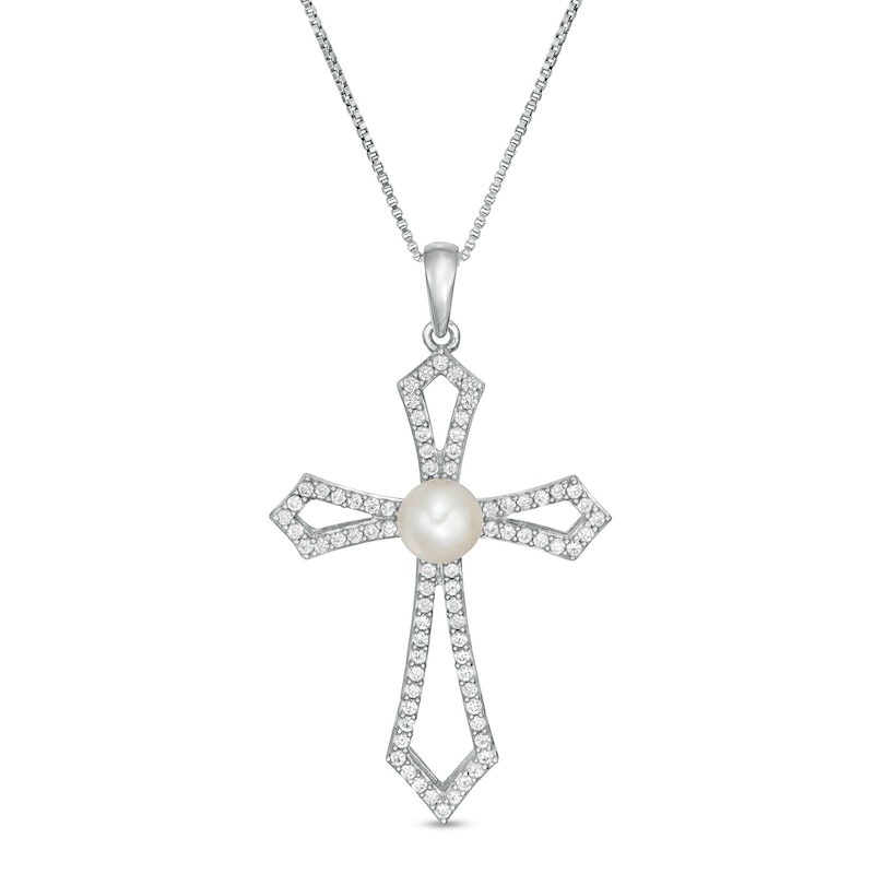 Main Image 1 of 5.0mm Freshwater Cultured Pearl and Lab-Created White Sapphire Gothic-Style Cross Pendant in Sterling Silver