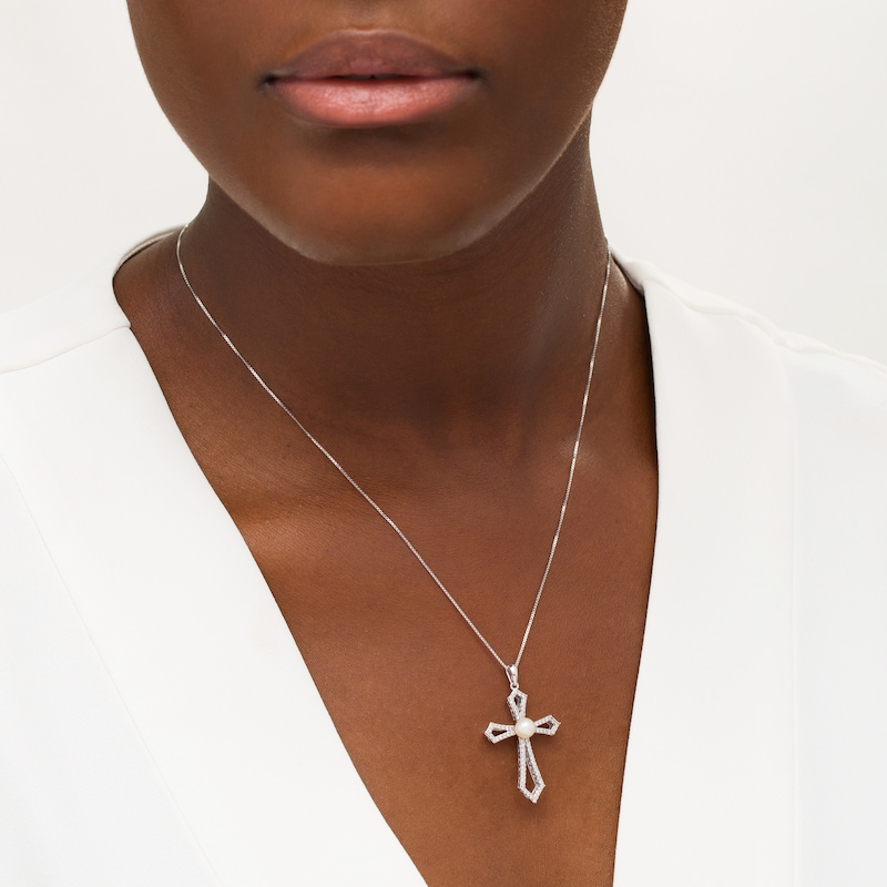 Main Image 2 of 5.0mm Freshwater Cultured Pearl and Lab-Created White Sapphire Gothic-Style Cross Pendant in Sterling Silver