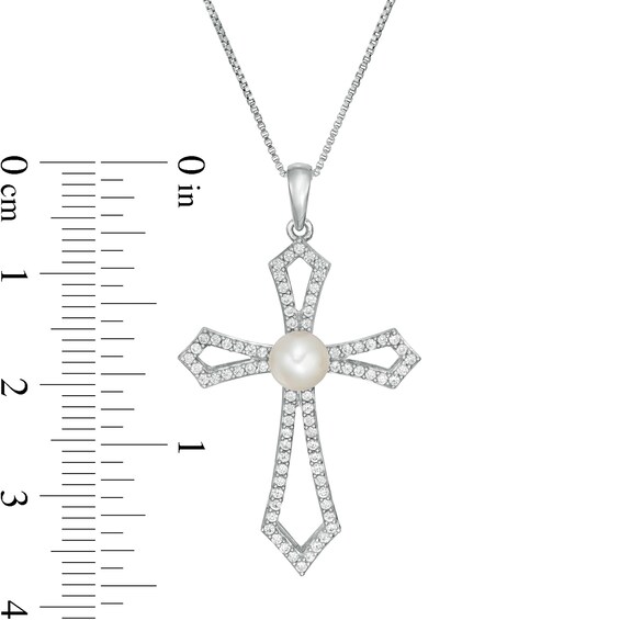 5.0mm Freshwater Cultured Pearl and Lab-Created White Sapphire Gothic-Style Cross Pendant in Sterling Silver