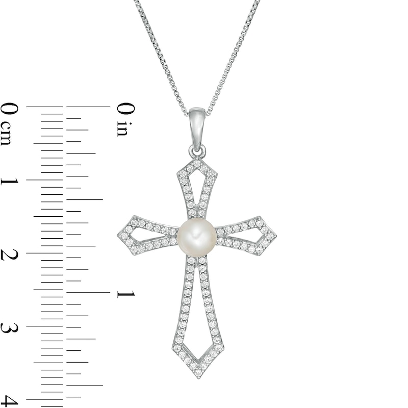 Main Image 3 of 5.0mm Freshwater Cultured Pearl and Lab-Created White Sapphire Gothic-Style Cross Pendant in Sterling Silver