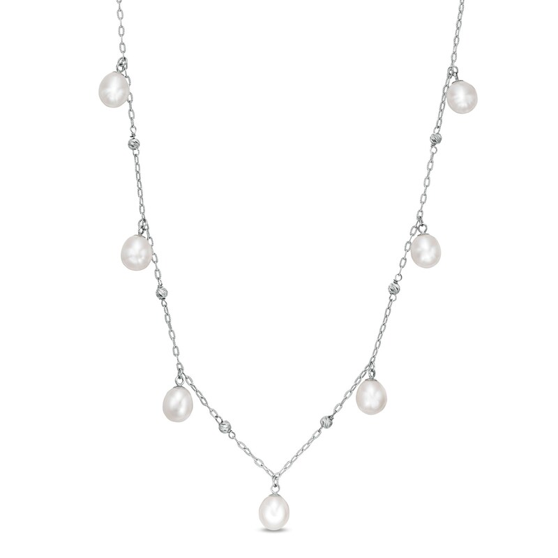Main Image 1 of 7.0-7.5mm Baroque Freshwater Cultured Pearl Dangle and Brilliance Bead Alternating Station Necklace in Sterling Silver