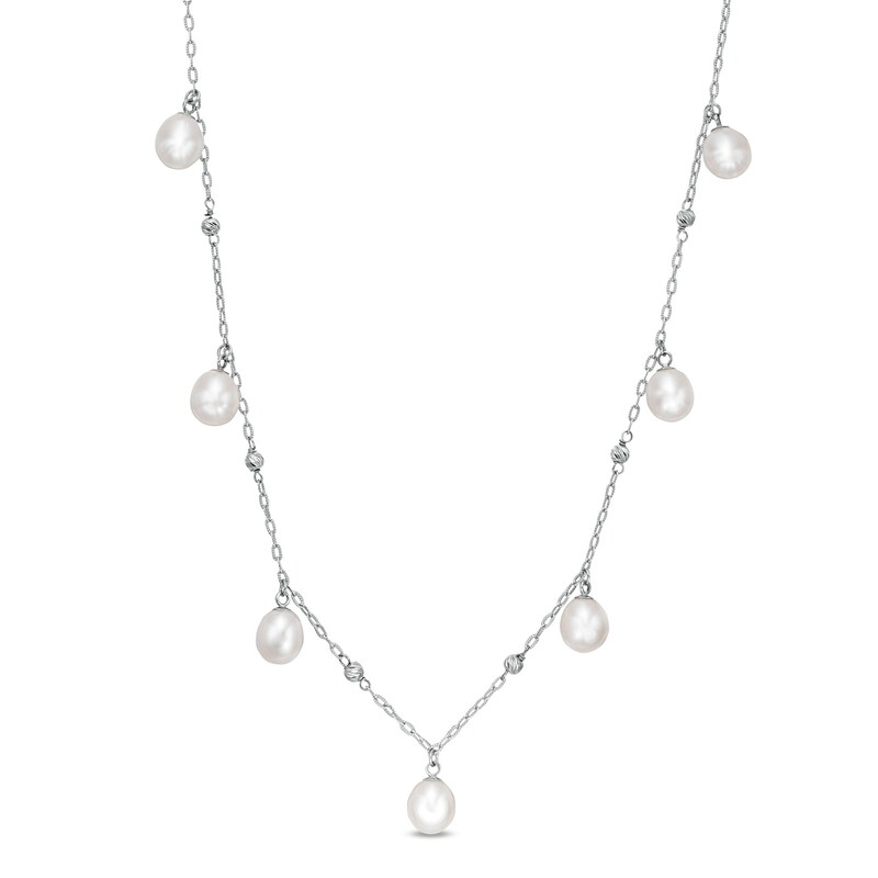 7.0-7.5mm Baroque Cultured Freshwater Pearl Dangle and Brilliance Bead Alternating Station Necklace in Sterling Silver