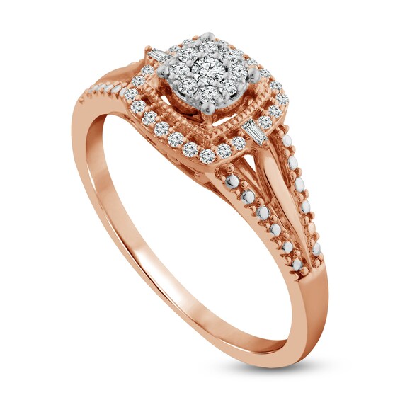 1/5 CT. T.W. Composite Diamond Cushion Frame Split Shank Promise Ring in 10K Rose Gold 1/5 CT. T.W. Composite Diamond Cushion Frame Split Shank Promise Ring in 10K Rose Gold